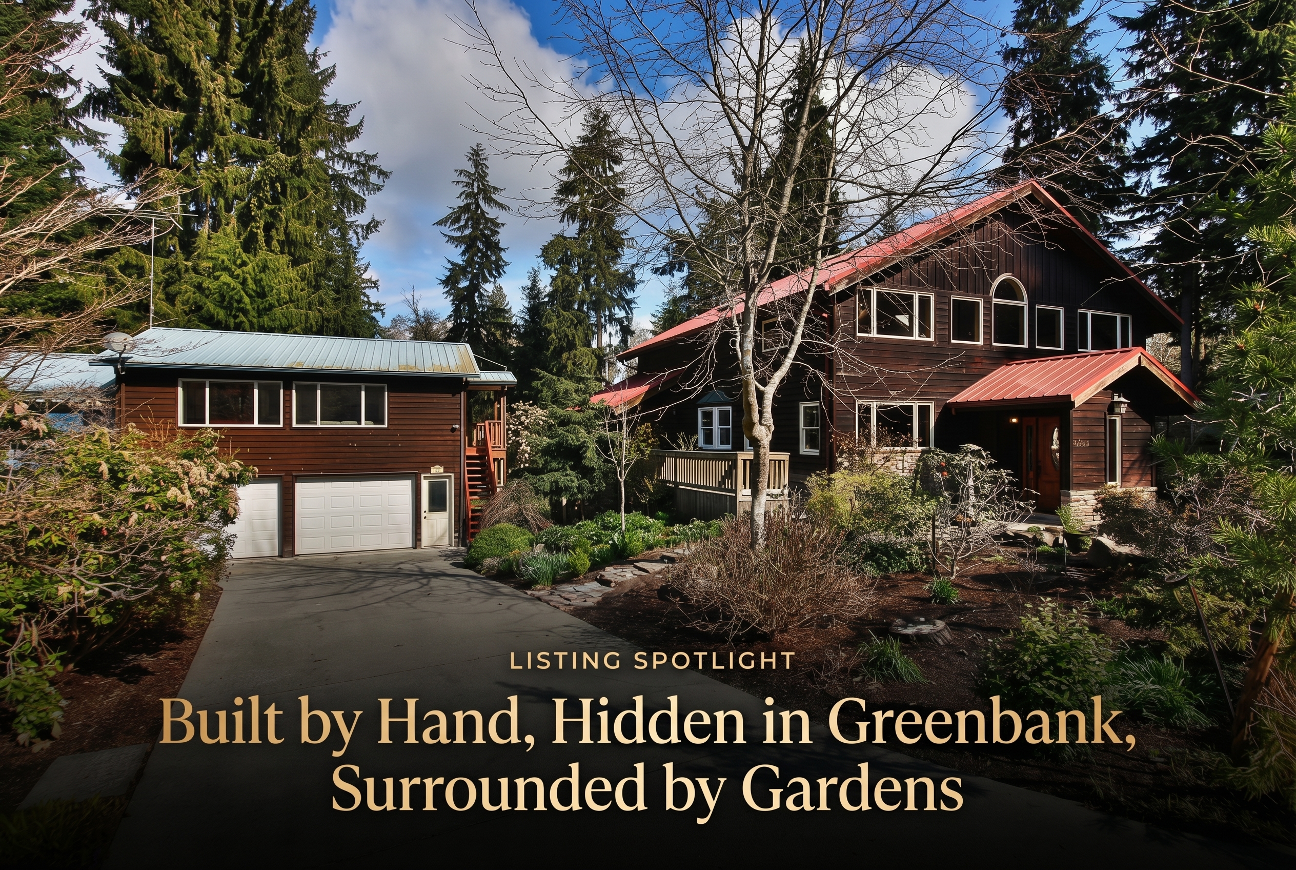 Premium editorial hero for Built by Hand, Hidden in Greenbank, Surrounded by Gardens featuring the handcrafted Greenbank estate with refined overlay text