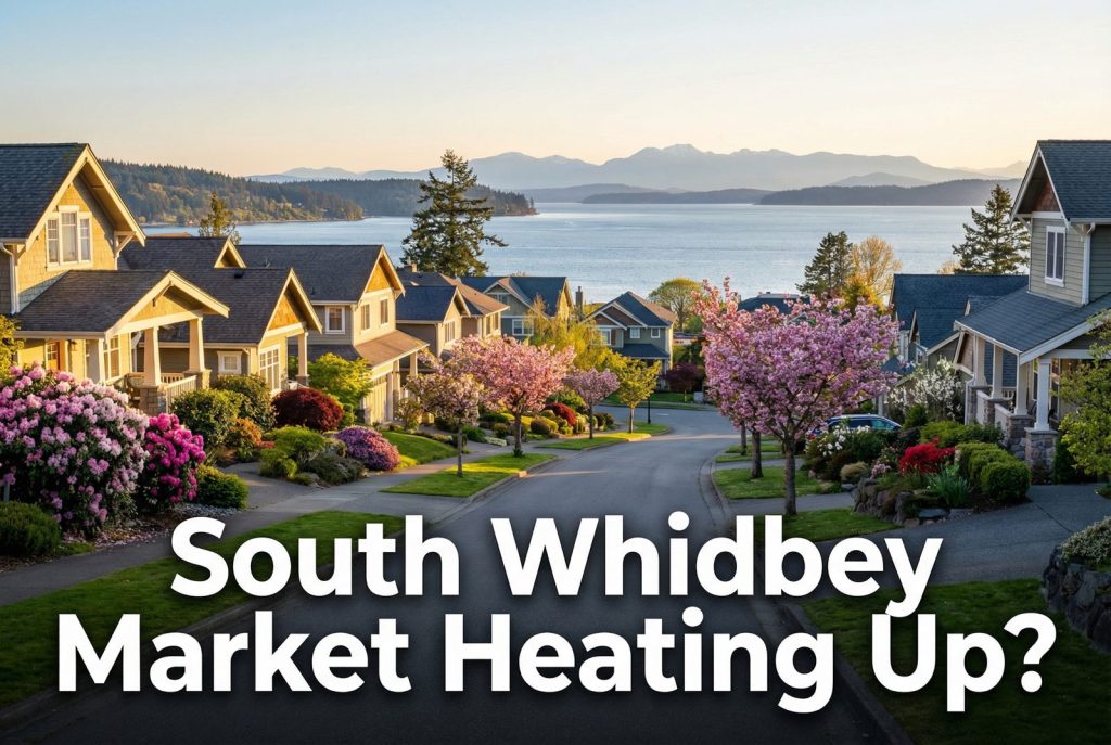 Premium editorial thumbnail for Is the South Whidbey Housing Market Heating Up Again? with bold market-momentum text and upscale South Whidbey real-estate energy