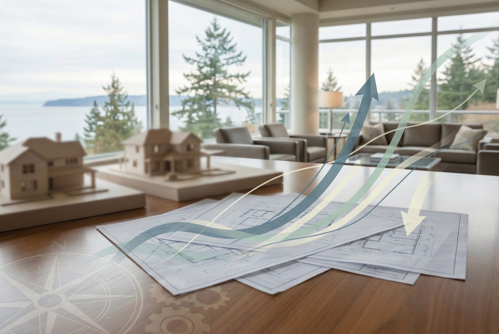 Professional conceptual real-estate visual showing supply, demand, and pending activity trends in South Whidbey