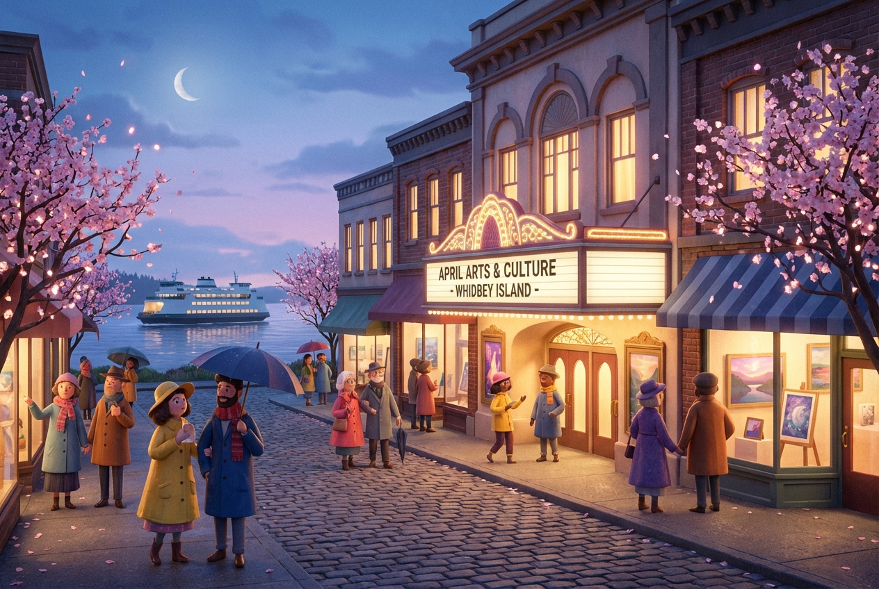 3D cartoon-style evening arts scene with a glowing theater entrance and charming Whidbey small-town cultural atmosphere