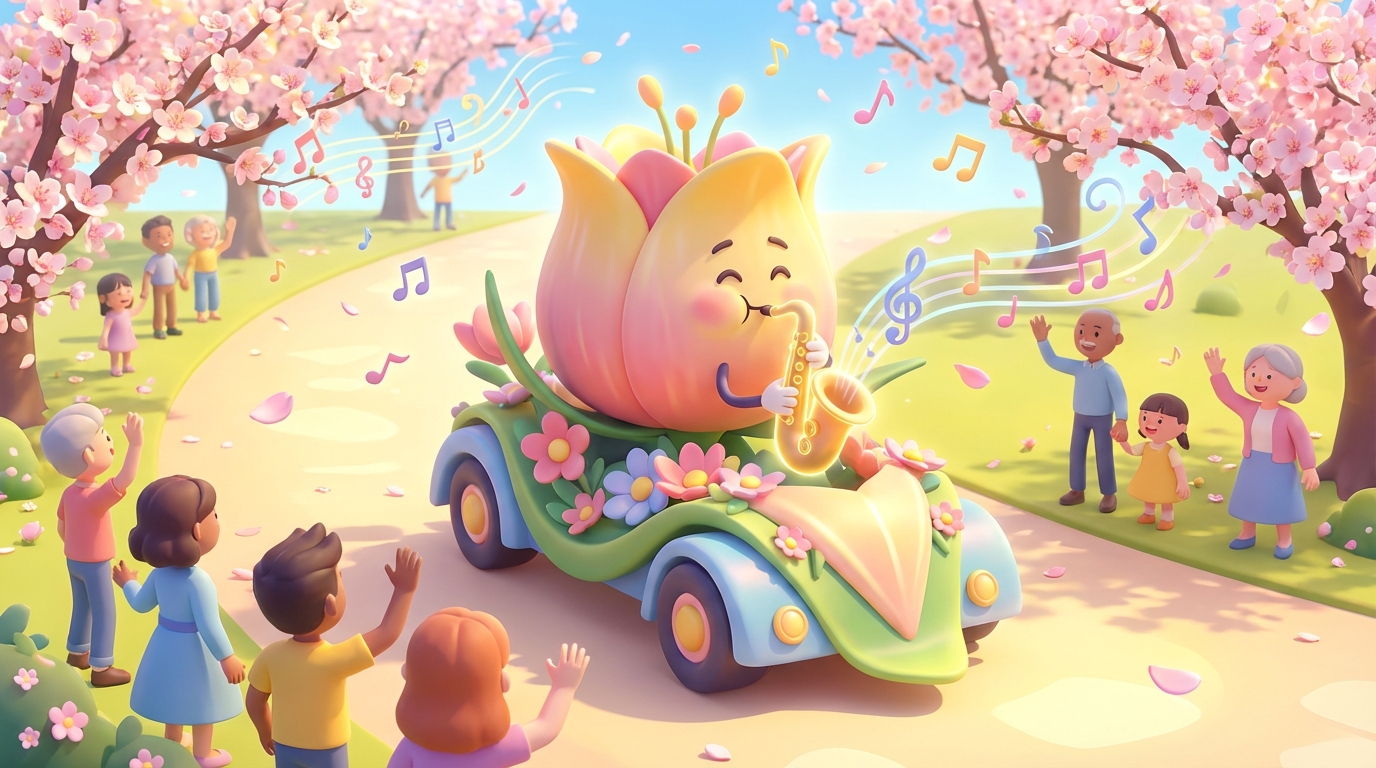 3D cartoon-style spring community festival scene with flowers, music, and colorful small-town celebration energy
