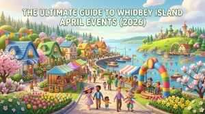 Whimsical spring festival thumbnail for The Ultimate Guide to Whidbey Island April Events 2026 with bright flowers, banners, and cheerful island-town energy