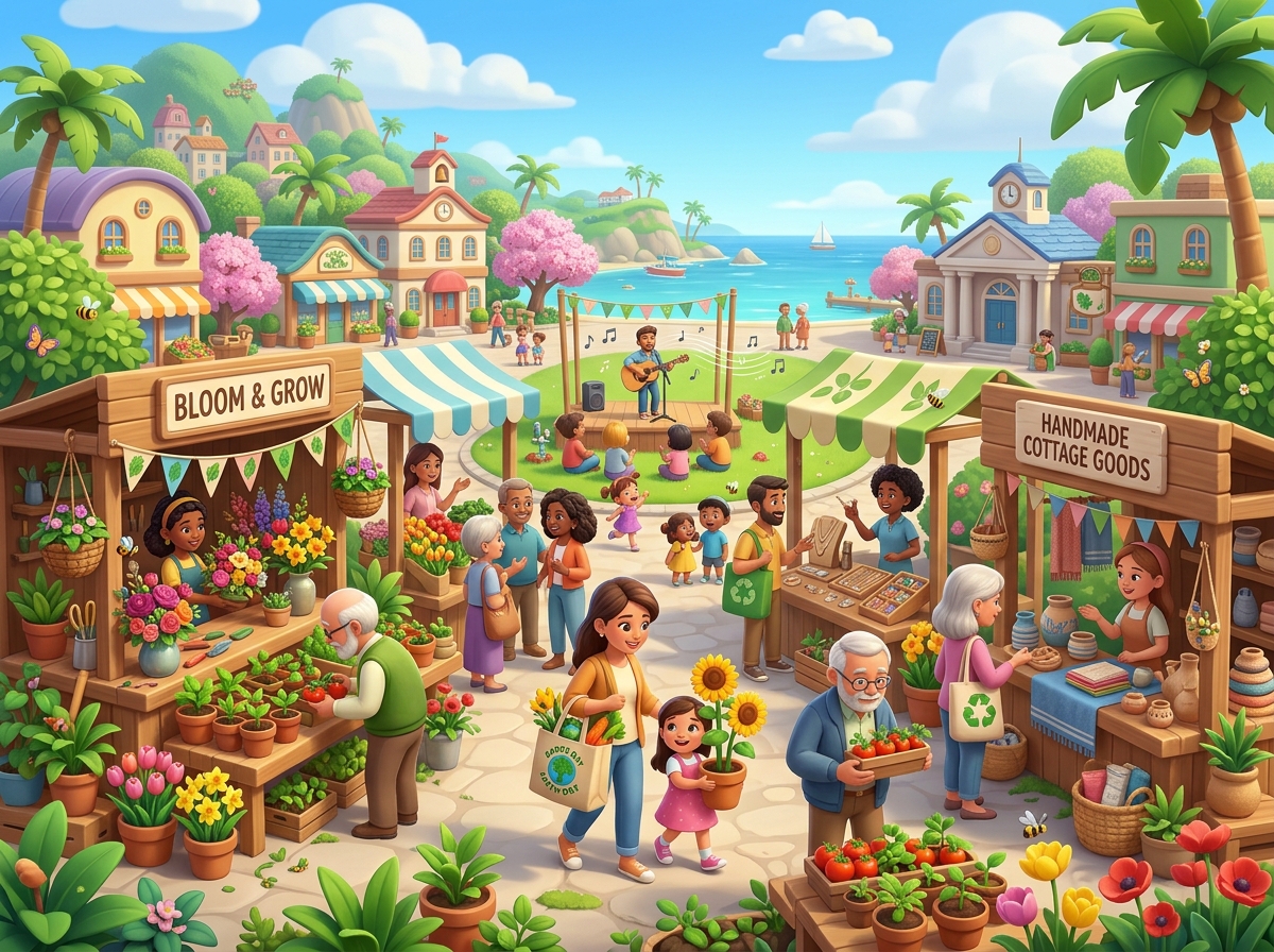 Whimsical 3D spring market and Earth Day scene with plants, flowers, handmade goods, and cheerful community energy