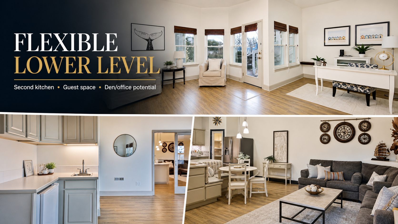 Editorial collage showing the flexible lower level at 4694 Wrightsman Place with second kitchen, guest space, and den or office potential