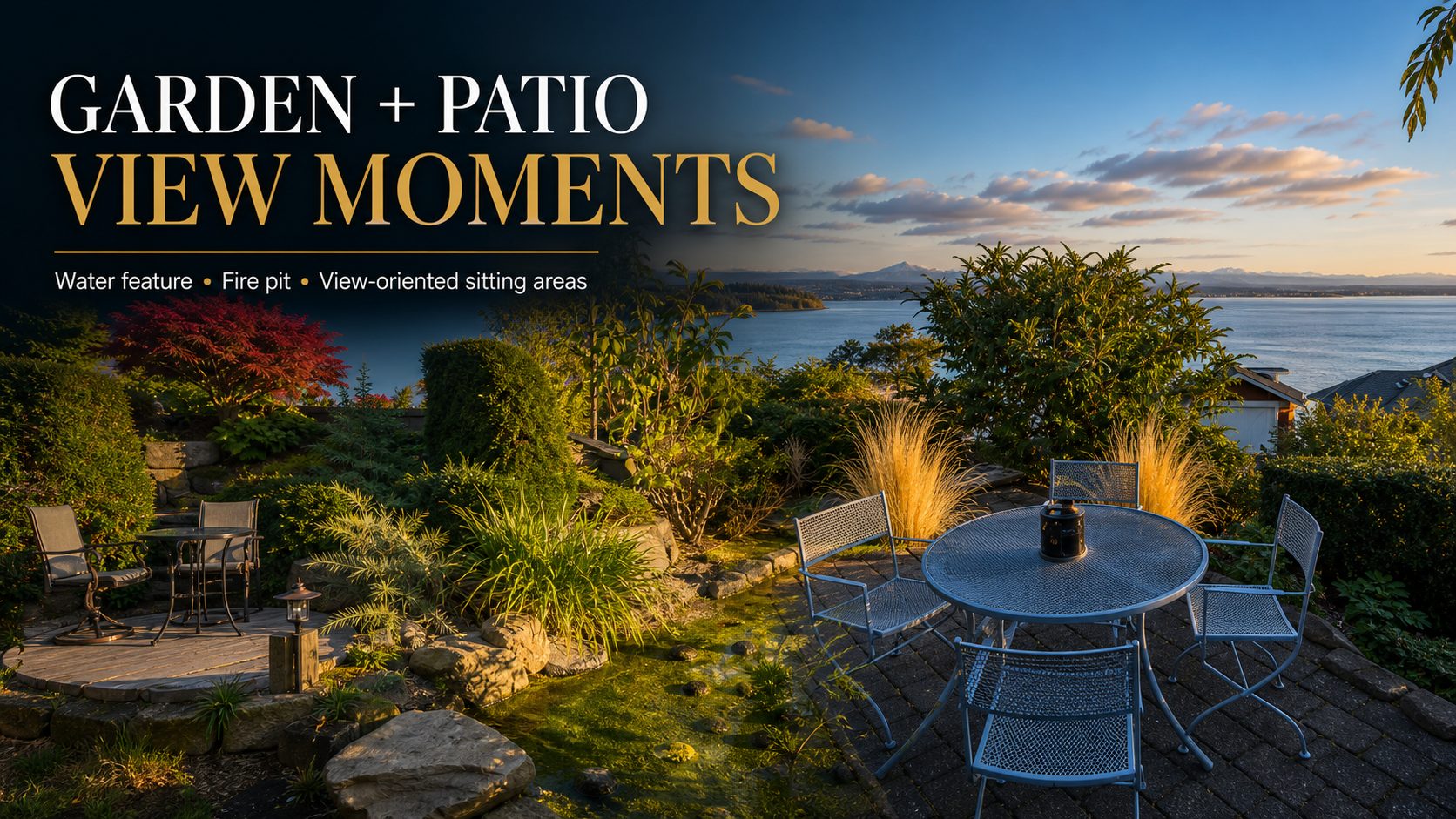 Editorial garden and patio graphic for 4694 Wrightsman Place showing outdoor sitting areas, water feature, fire pit, and Sound views