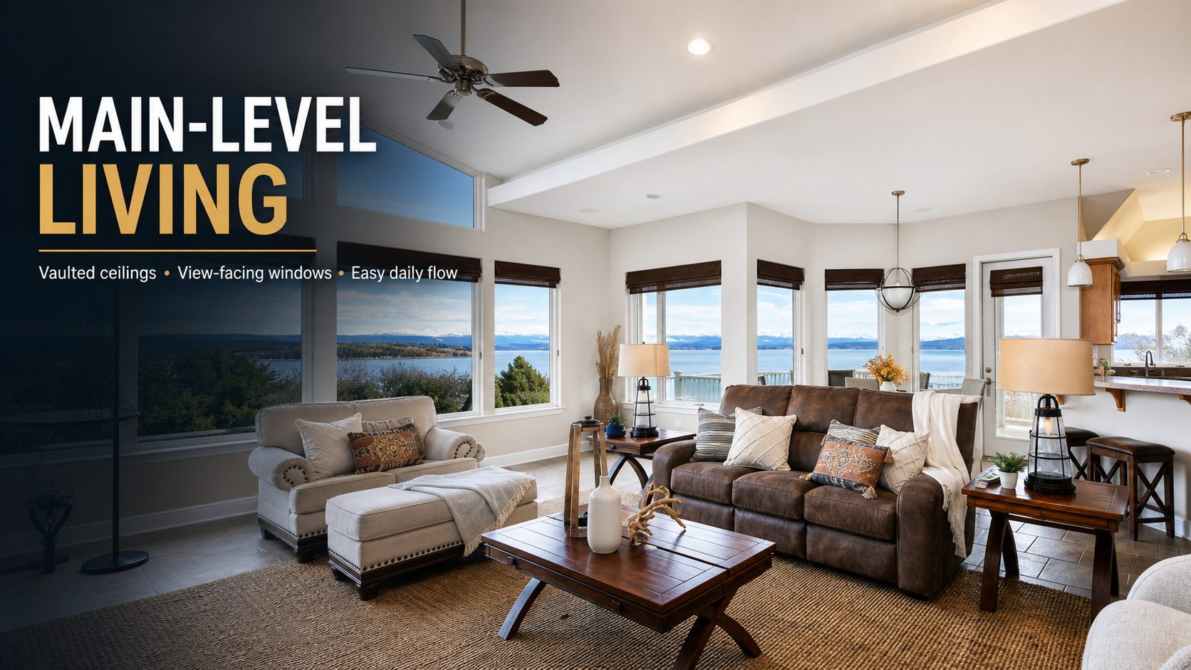 Editorial interior graphic showing the main-level living room at 4694 Wrightsman Place with vaulted ceilings, view-facing windows, and open gathering space