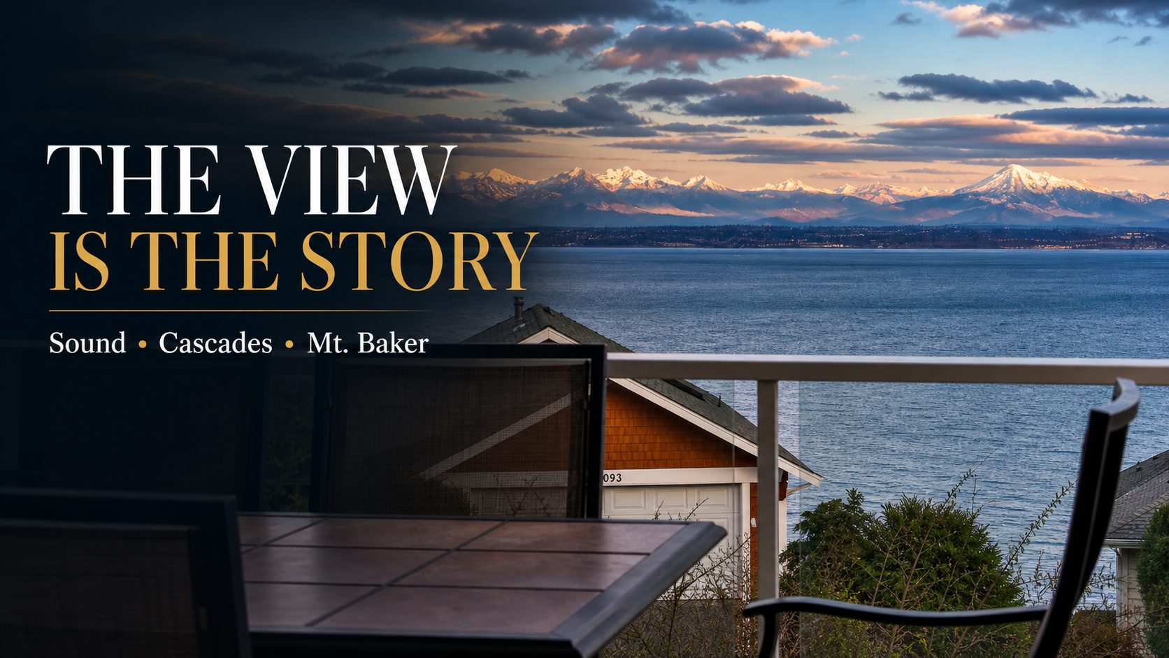 Editorial view graphic showing the Sound, Cascade Mountains, and Mt. Baker from 4694 Wrightsman Place