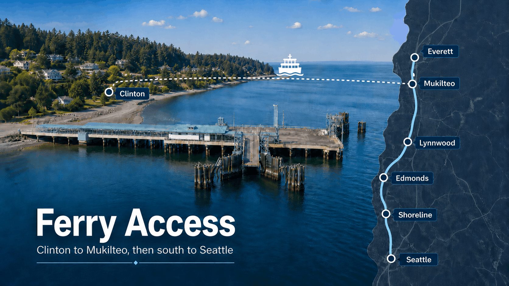 Route-style visual showing Clinton ferry access from the Clinton terminal to Mukilteo and the mainland corridor toward Seattle.