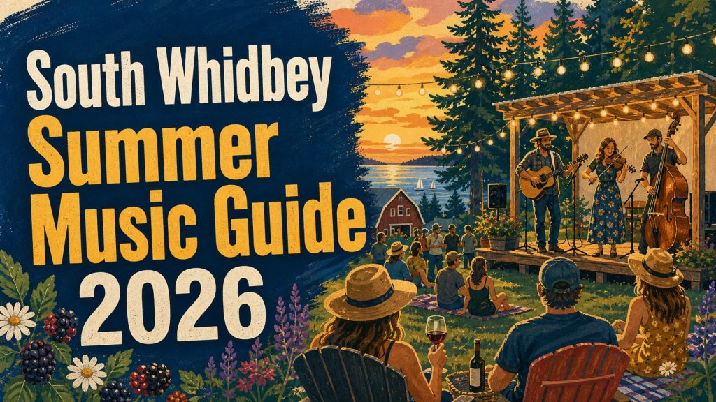 South Whidbey Summer Music Guide 2026 illustrated hero with bold title text and musicians at sunset