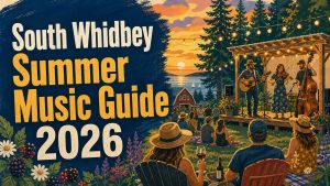 South Whidbey Summer Music Guide 2026 illustrated hero with bold title text and musicians at sunset