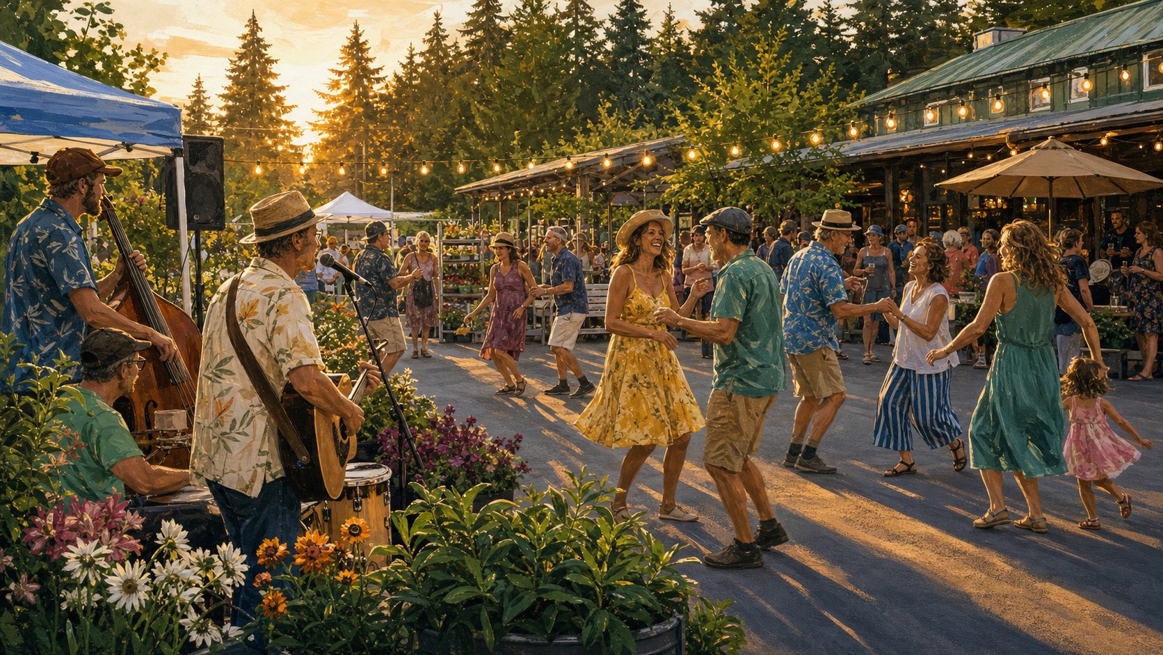 Illustrated Bayview Corner street dance with musicians, dancers, planters, trees, and warm South Whidbey evening light
