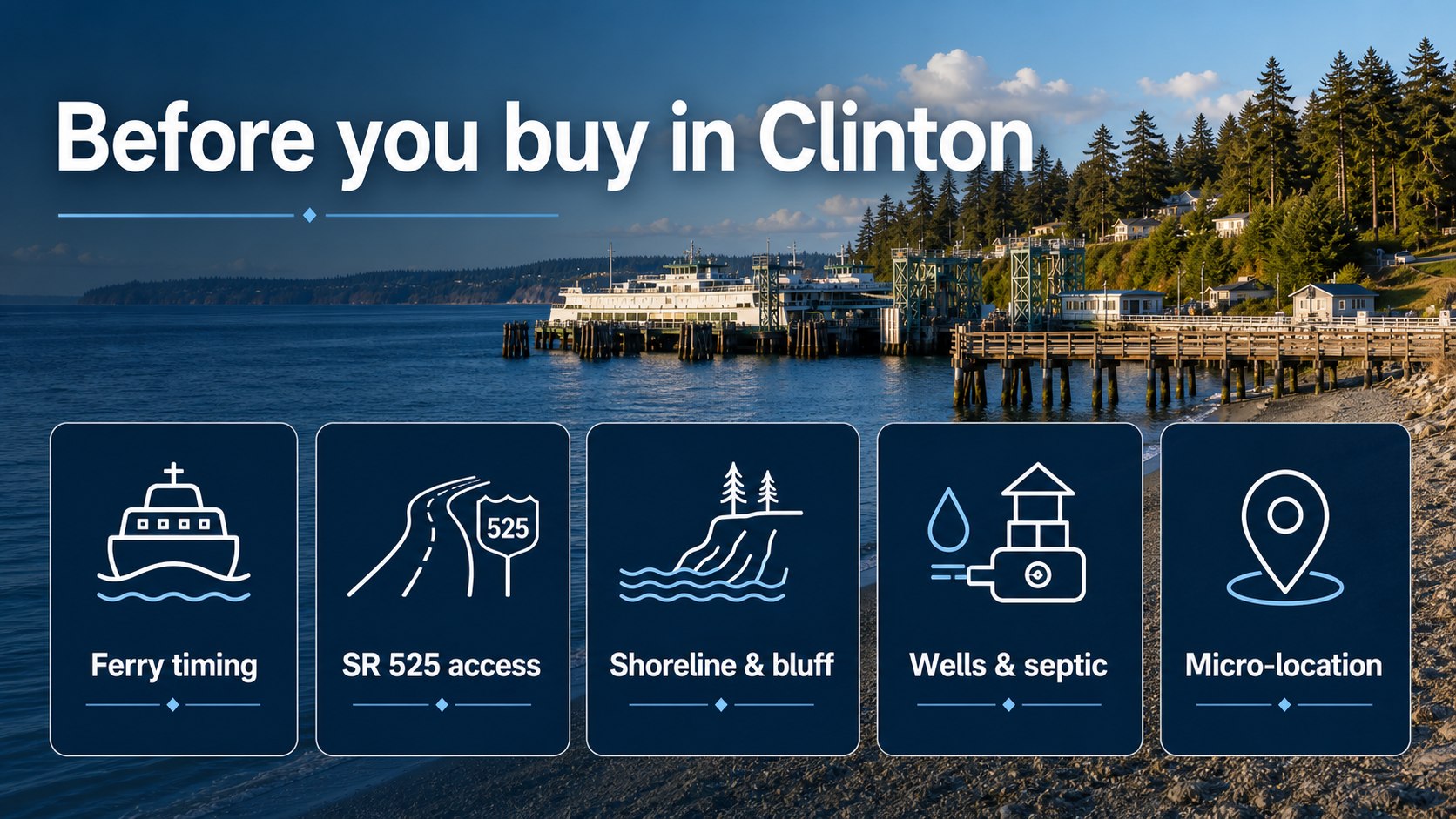 Buyer decision graphic for evaluating ferry access, SR 525, shoreline and bluff conditions, wells, septic, and micro-location in Clinton.