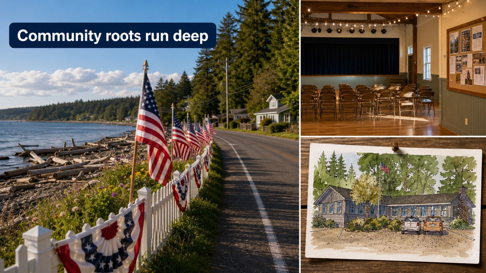 Editorial visual of Clinton community traditions, Maxwelton shoreline rhythm, and local gathering spaces.