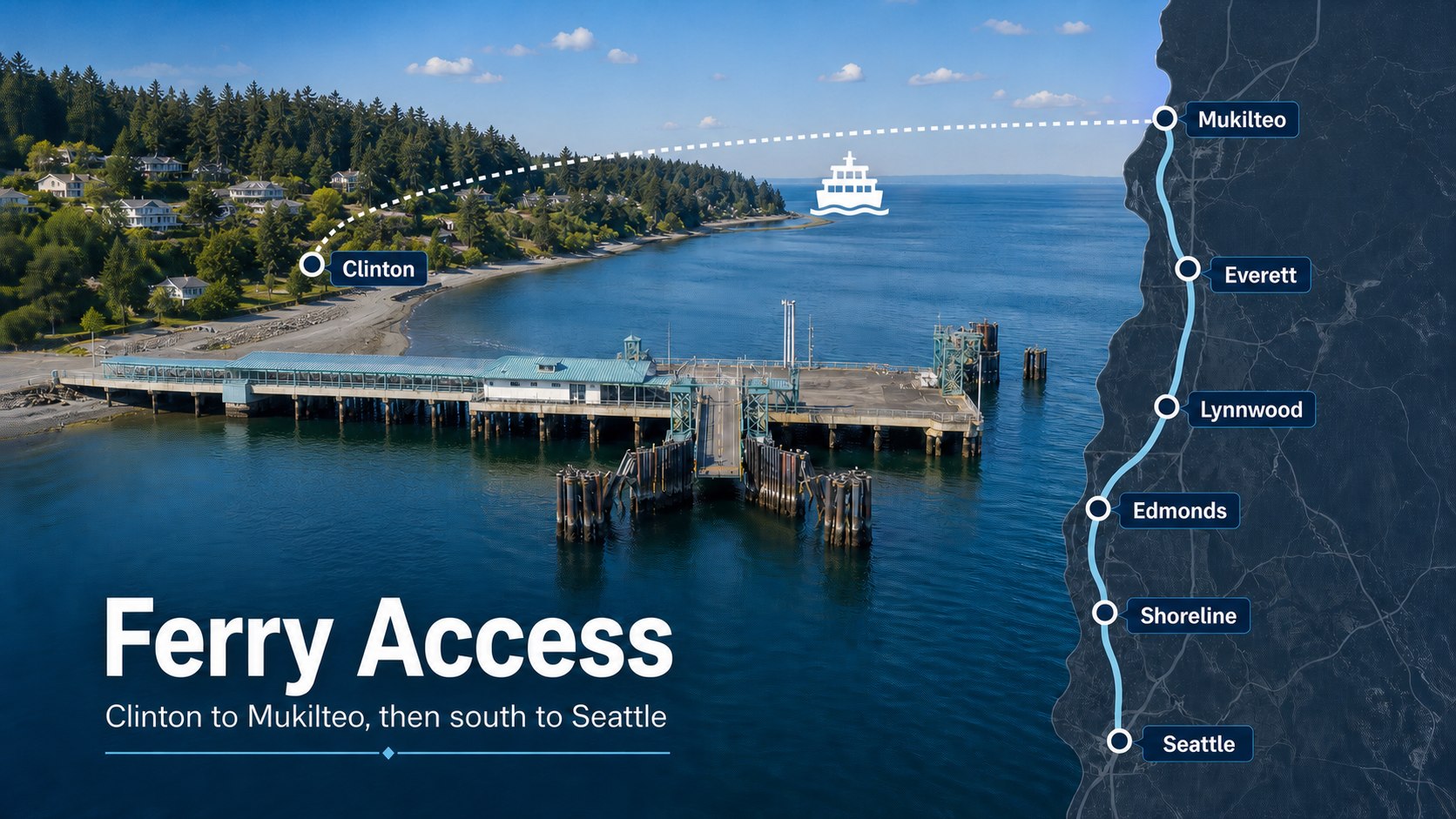 Route-style visual showing Clinton ferry access from the Clinton terminal to Mukilteo and the mainland corridor toward Seattle.