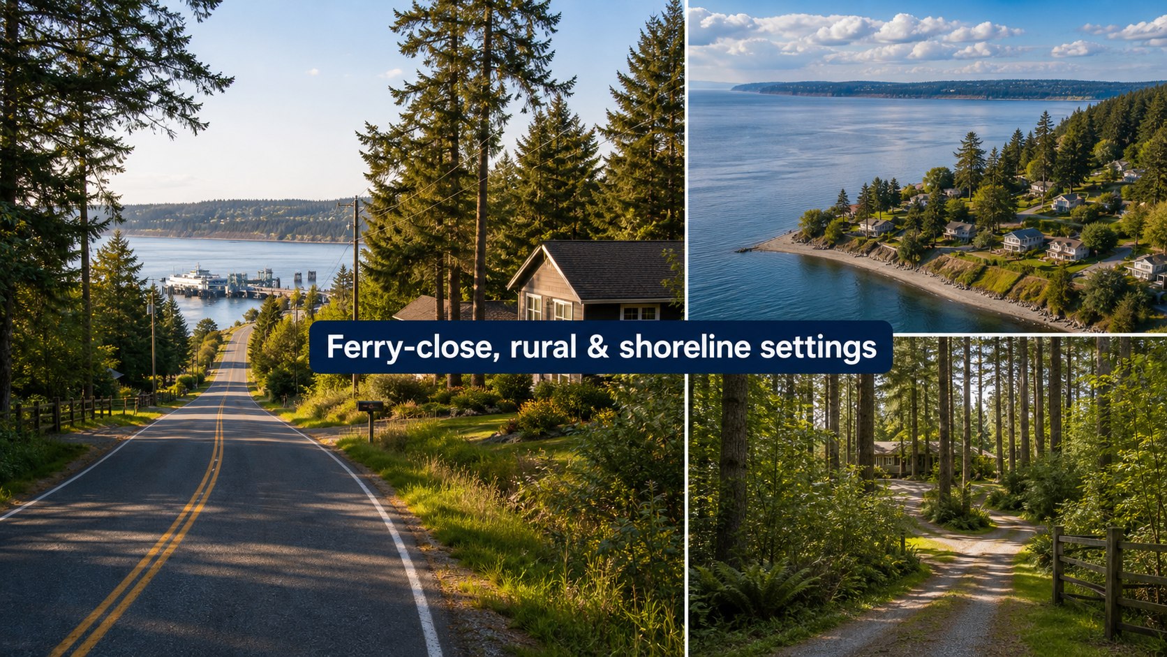 Editorial visual representing Clinton homes, rural roads, shoreline views, and wooded South Whidbey settings.