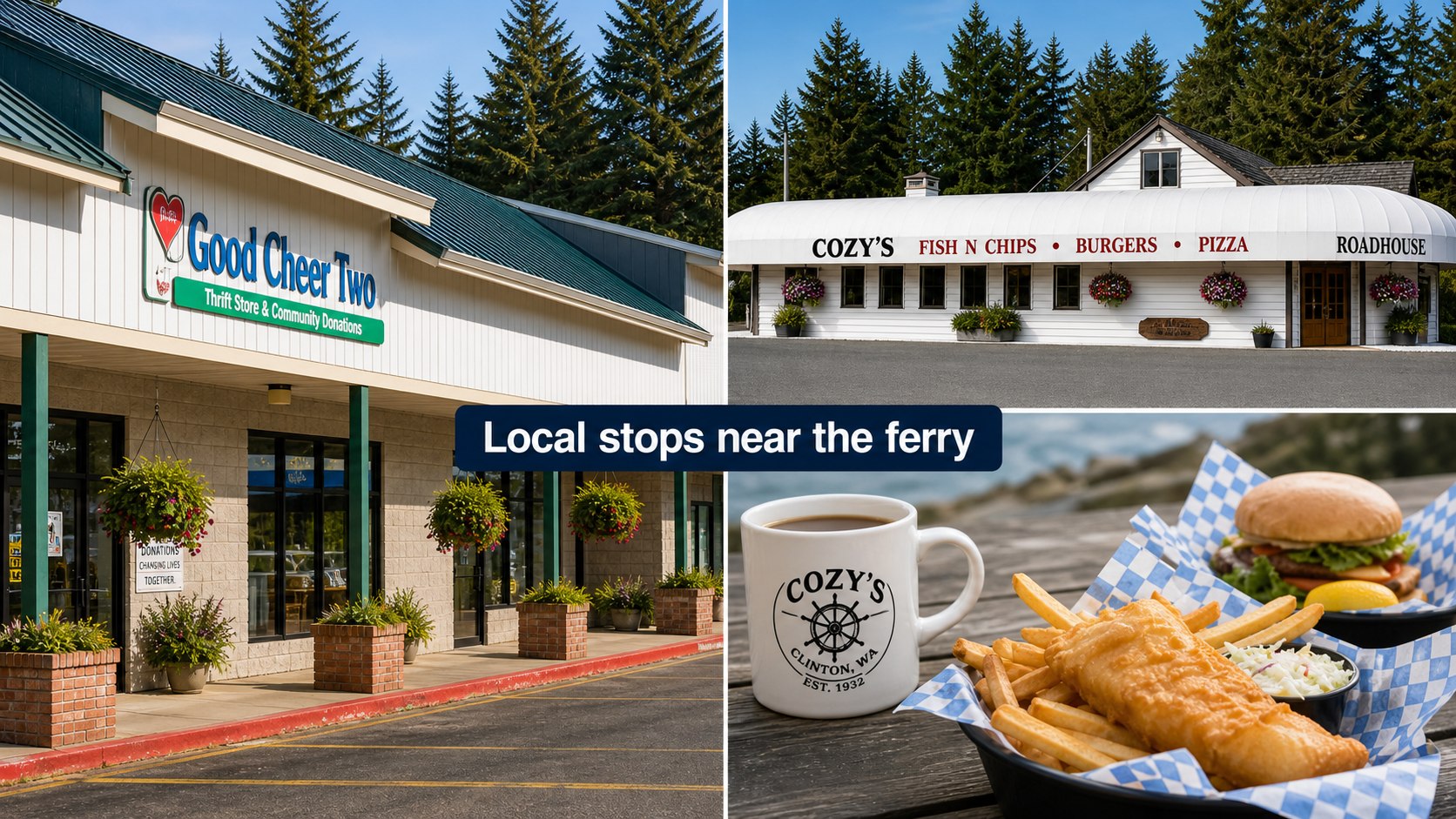 Editorial collage of Clinton local stops near the ferry, including familiar community shopping and casual dining cues.
