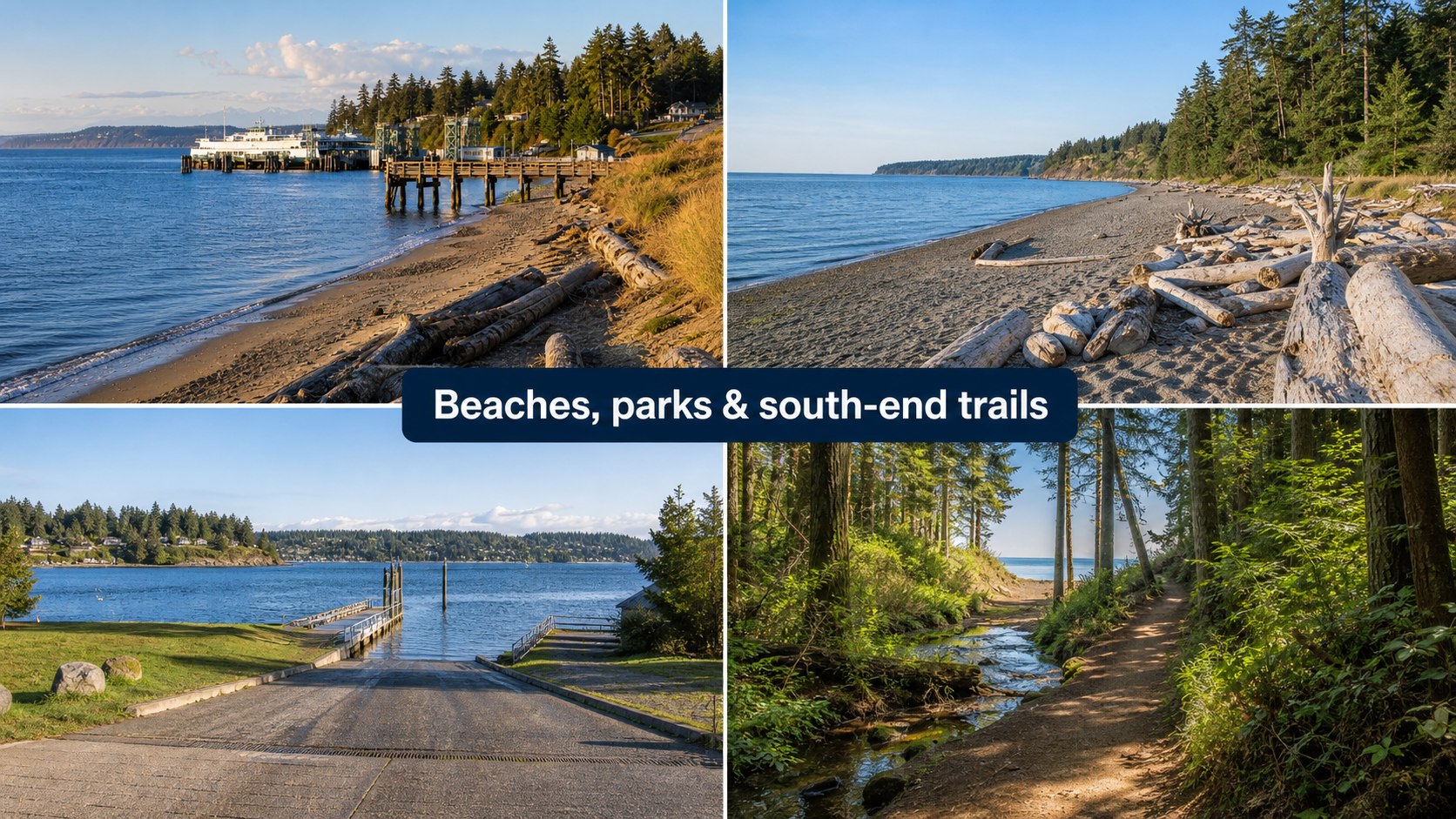 Editorial collage of Clinton and South Whidbey beaches, parks, and forest trails.
