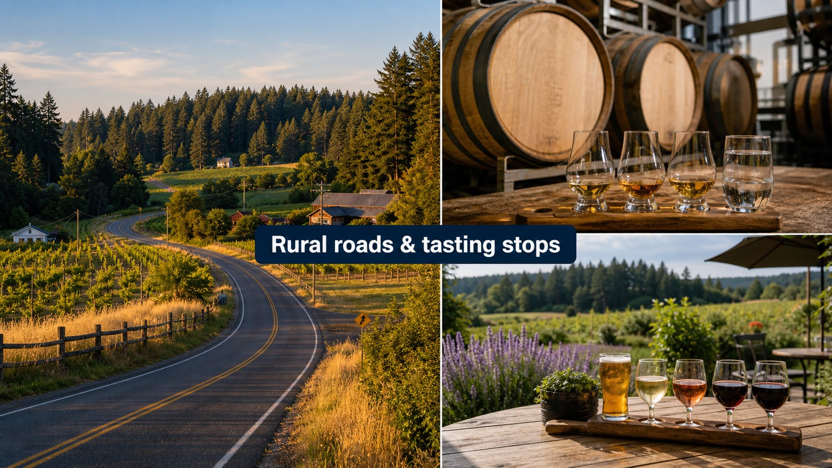 Editorial visual of rural Clinton and South Whidbey tasting stops, farms, and country roads.