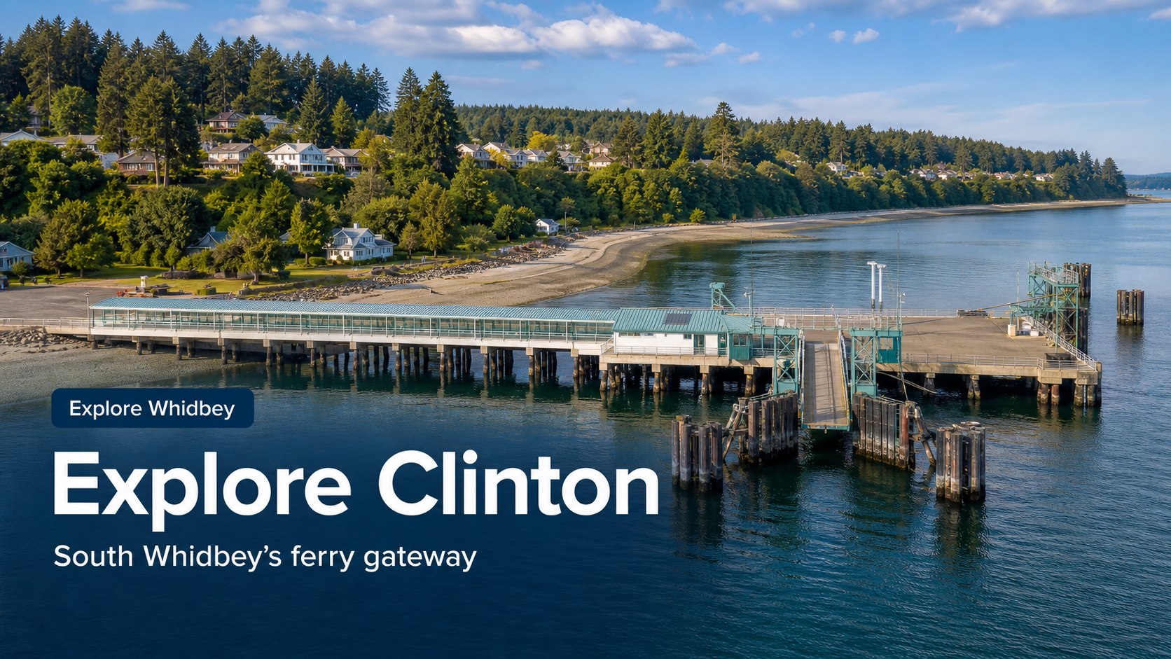 Editorial visual of the Clinton ferry gateway and shoreline on South Whidbey Island.
