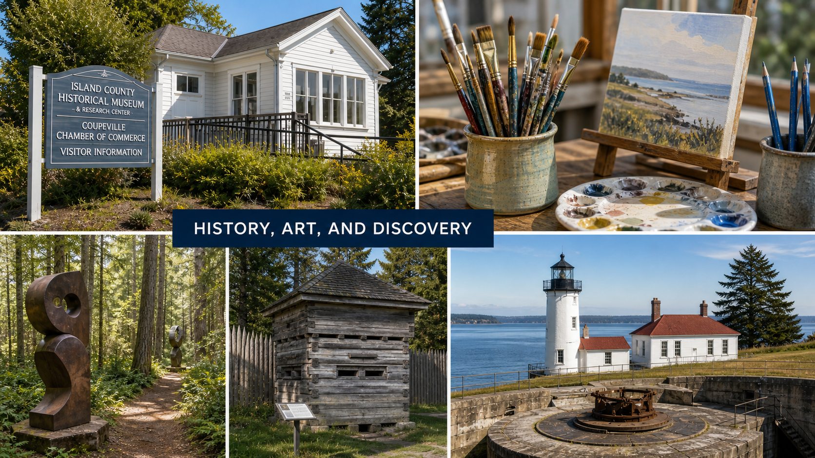 Coupeville arts and history visual featuring museum, art learning, sculpture forest, and lighthouse heritage.
