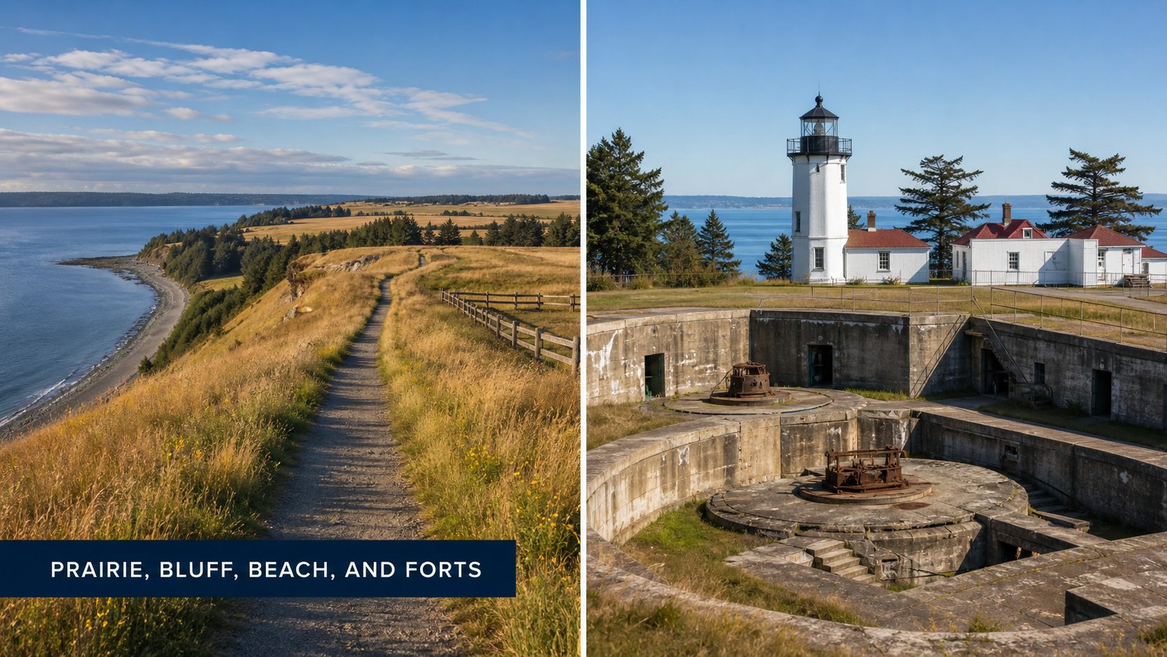 Editorial visual of Ebey's Landing prairie and bluff trails with Fort Casey and Admiralty Head Lighthouse near Coupeville.