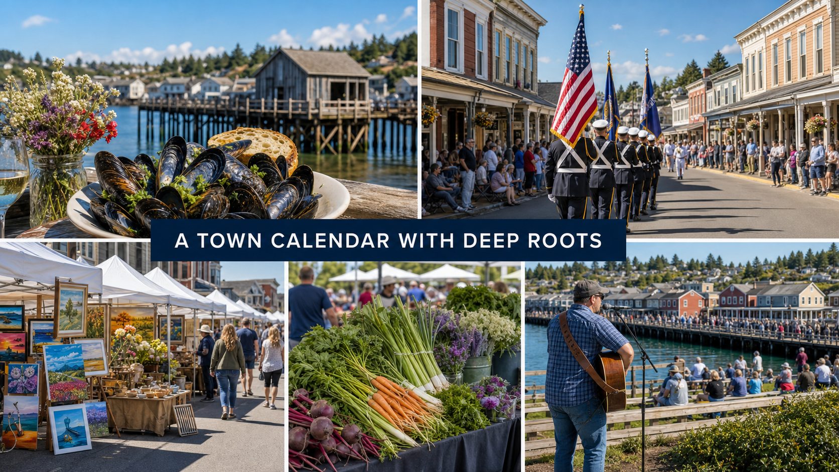Coupeville community events visual representing Musselfest, parade traditions, arts, and farmers market rhythms.
