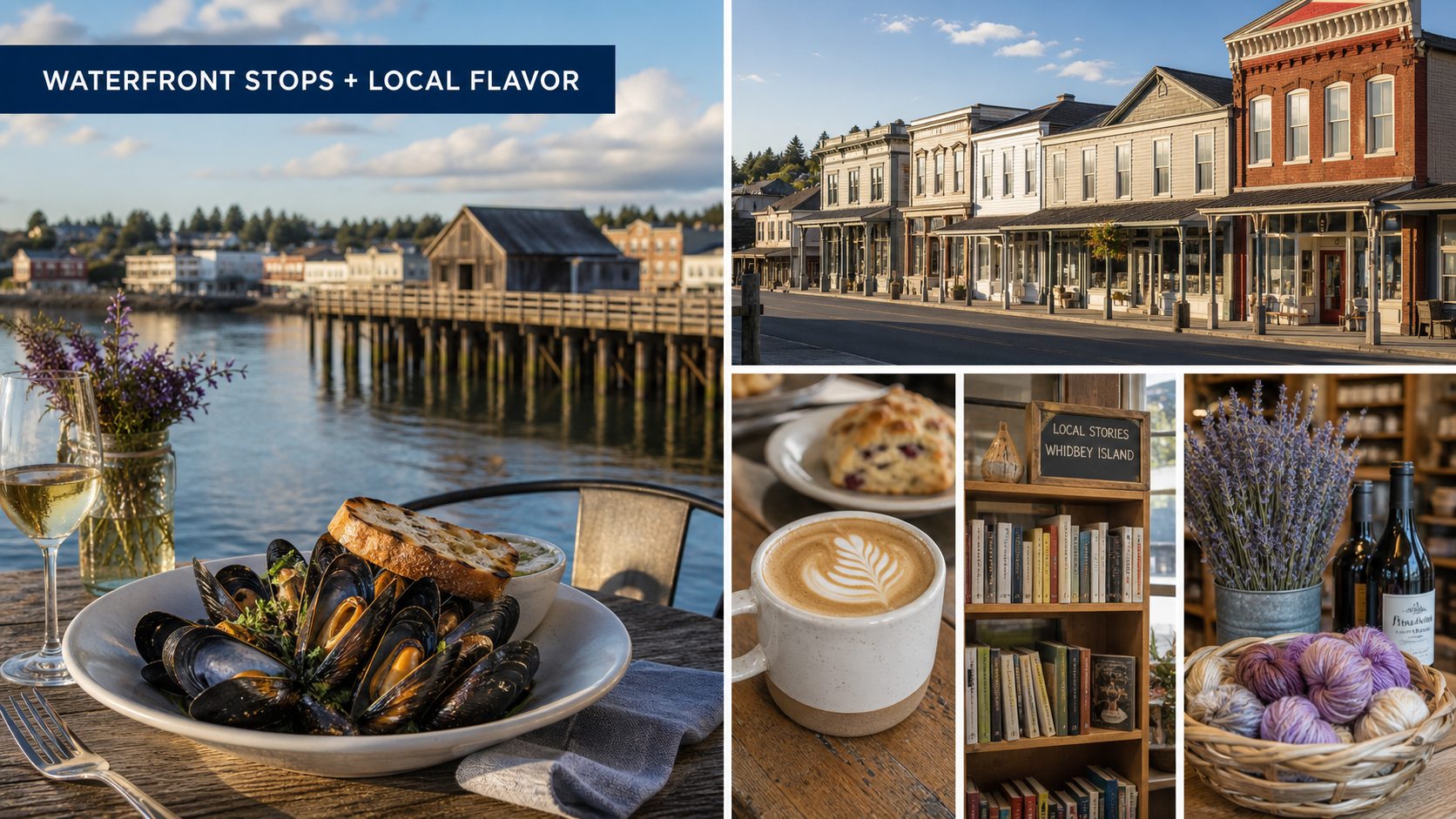 Coupeville dining and shopping visual with Front Street storefronts, coffee, local shops, and Penn Cove mussel inspiration.