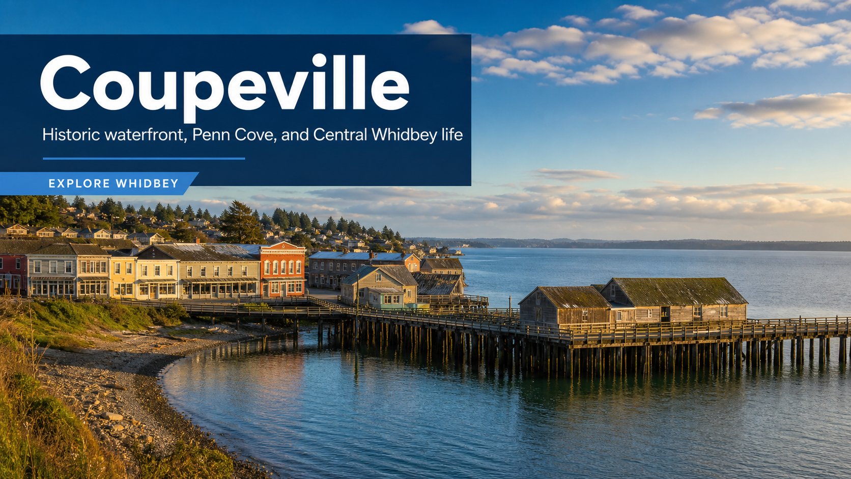 Editorial visual of Coupeville's historic waterfront, Coupeville Wharf, and Penn Cove on Central Whidbey Island.