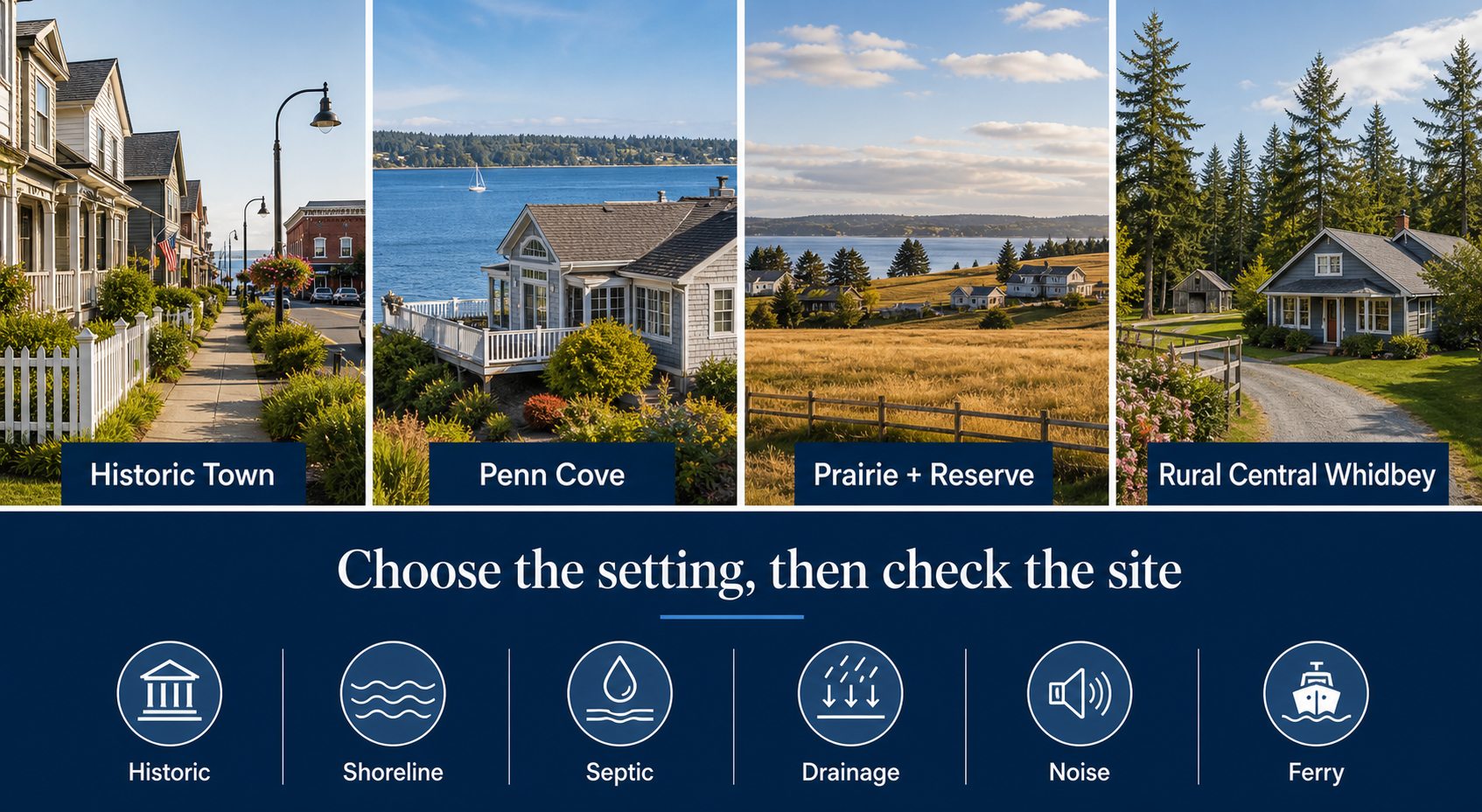 Coupeville home-setting decision visual showing historic town, Penn Cove, prairie, rural Central Whidbey, and buyer due-diligence checks.