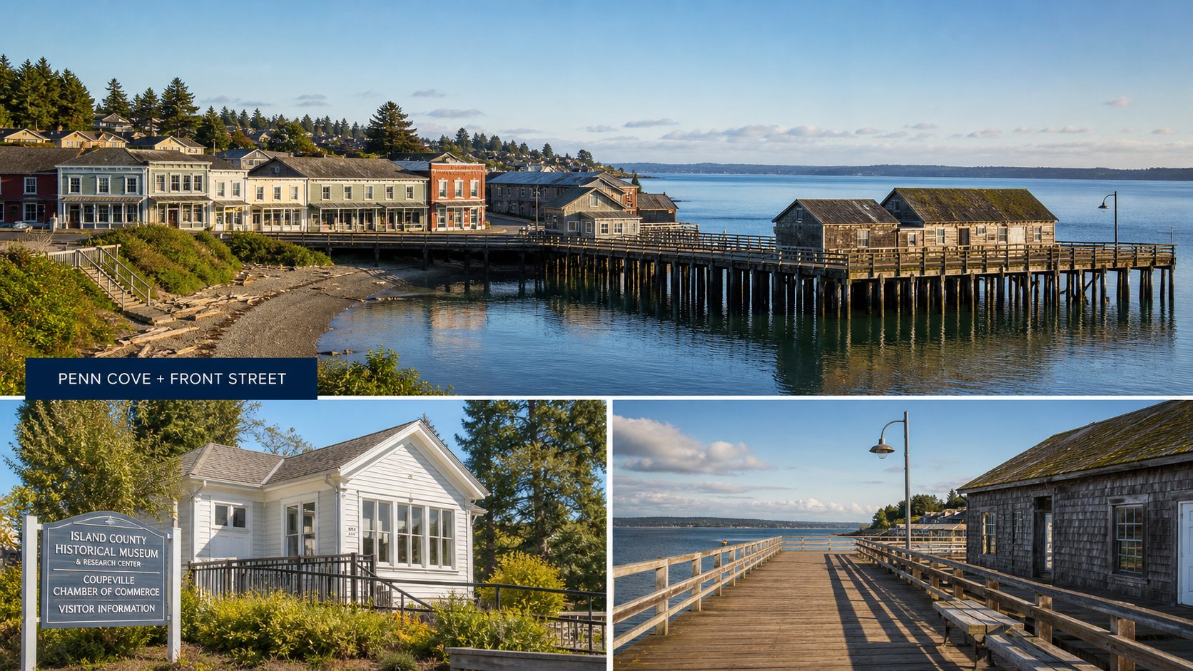 Coupeville waterfront guide visual with Penn Cove, Front Street, and Coupeville Wharf.