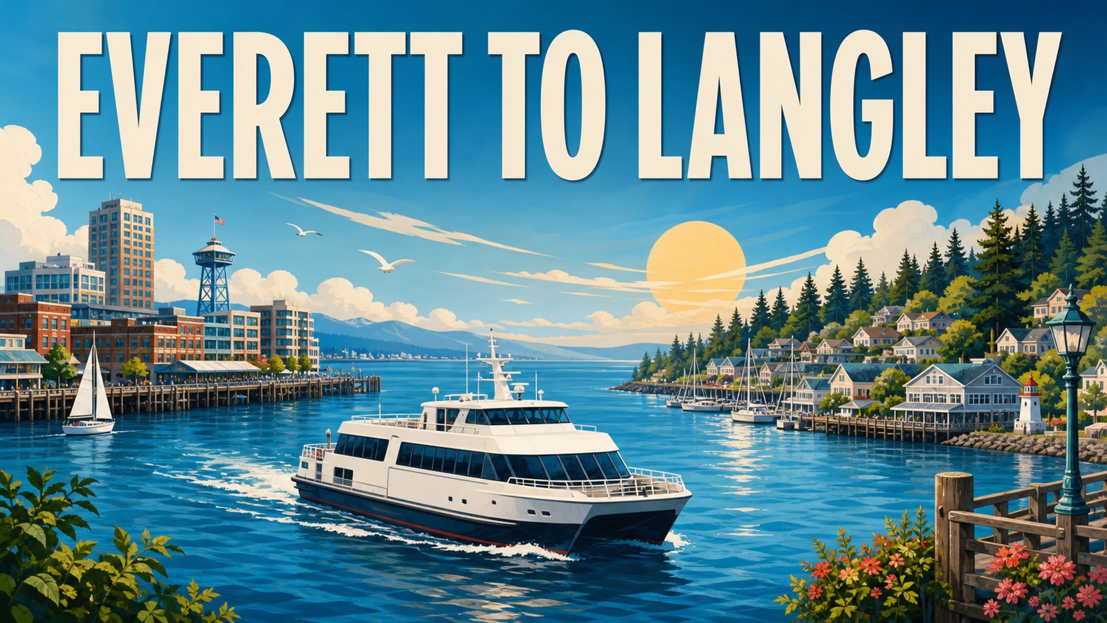 Illustrated Harbor Hopper day-trip graphic showing Everett, a passenger ferry, and Langley on South Whidbey.