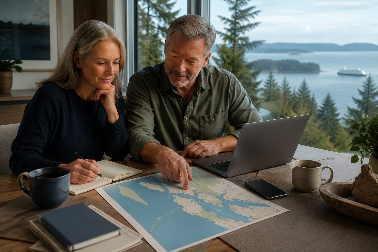 Whidbey Island residents calmly planning off-island specialist care with a laptop, notebook, and map-like route concept