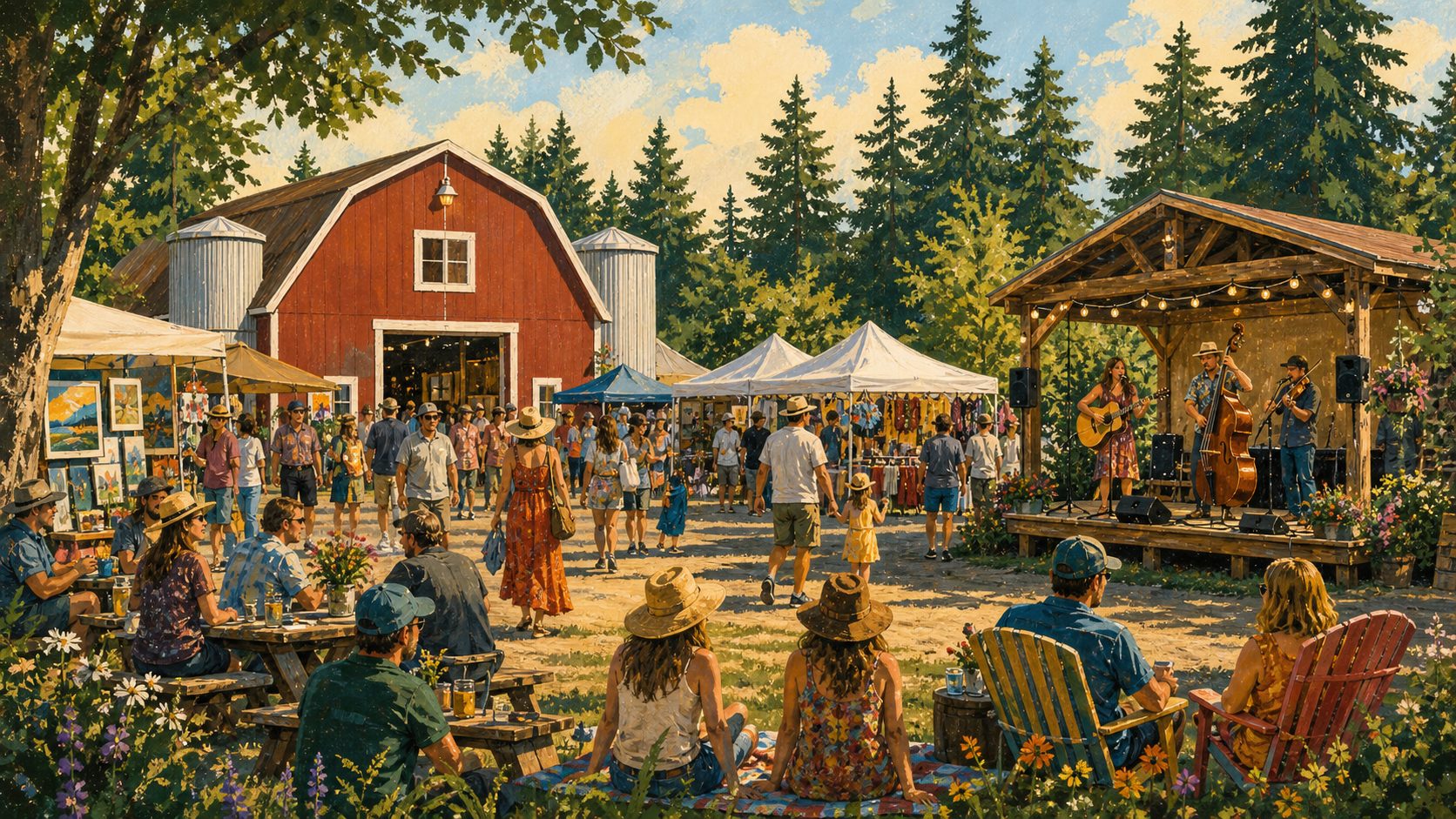 Illustrated South Whidbey music festival at the Langley fairgrounds with vendor tents, a small stage, picnic tables, and trees