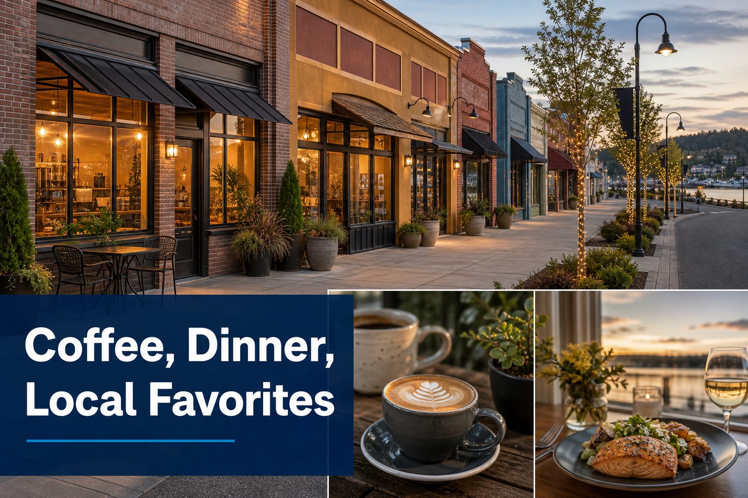 Downtown Oak Harbor dining and coffee collage inspired by Pioneer Way local businesses