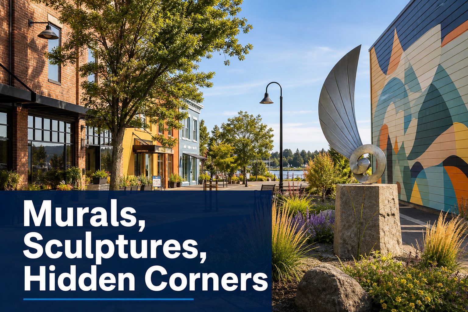 Oak Harbor public art and downtown walking details with murals, sculptures, and local streetscape character