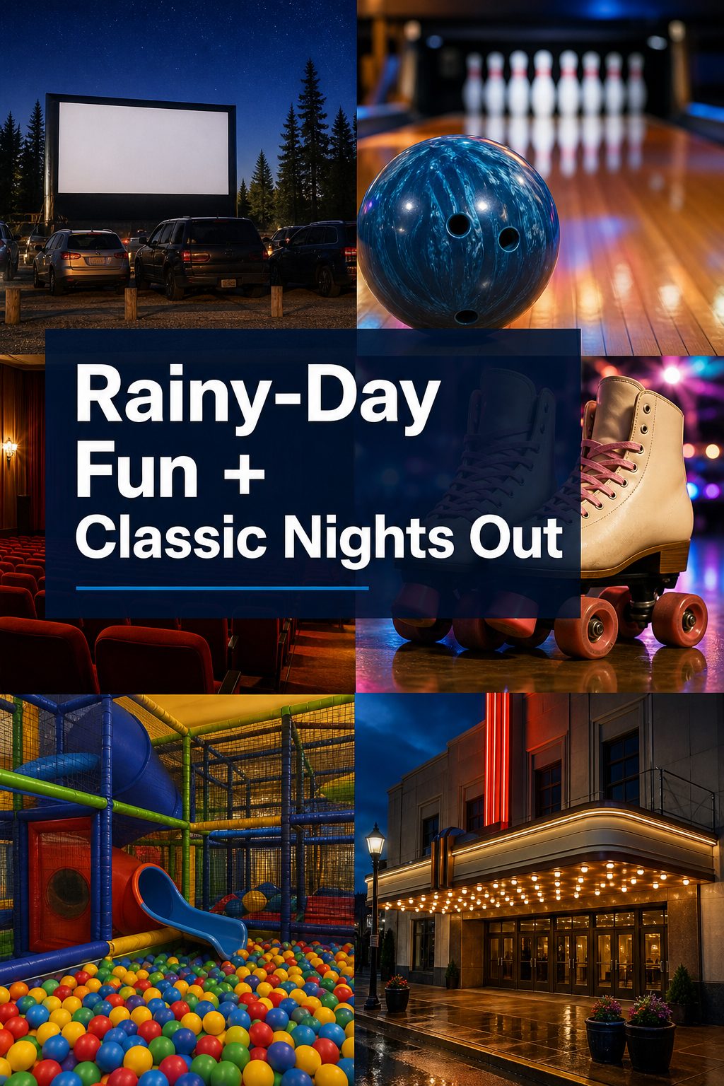 Oak Harbor family entertainment collage with drive-in movie, bowling, skating, and theater-inspired details