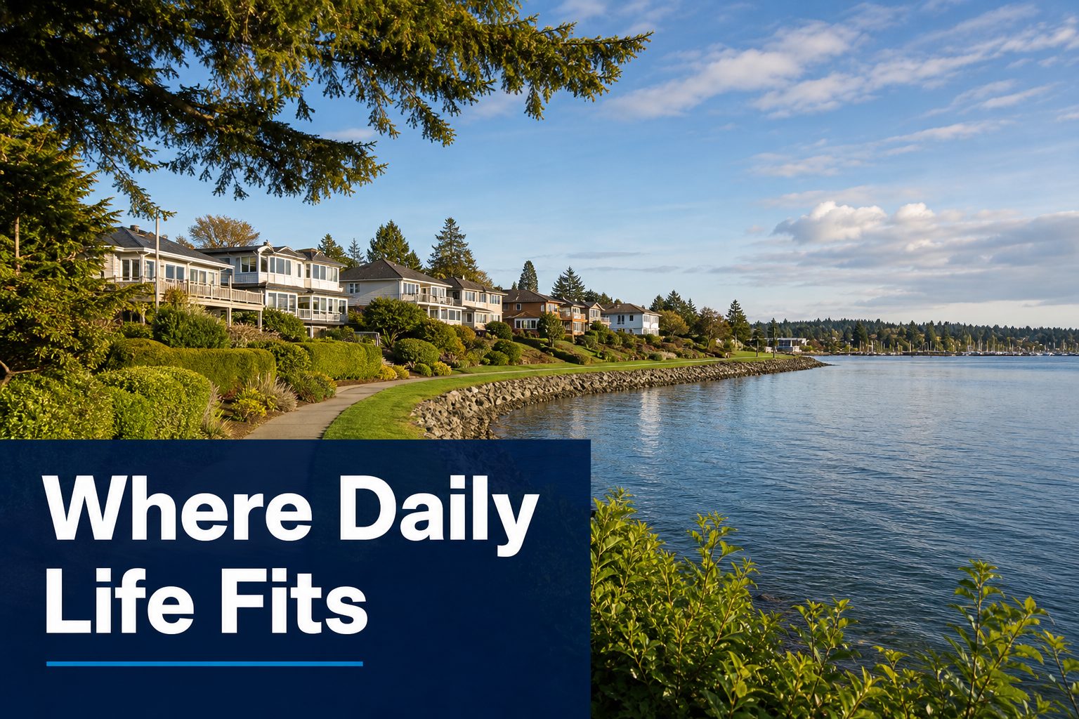 Oak Harbor neighborhood and waterfront lifestyle visual showing practical North Whidbey daily living