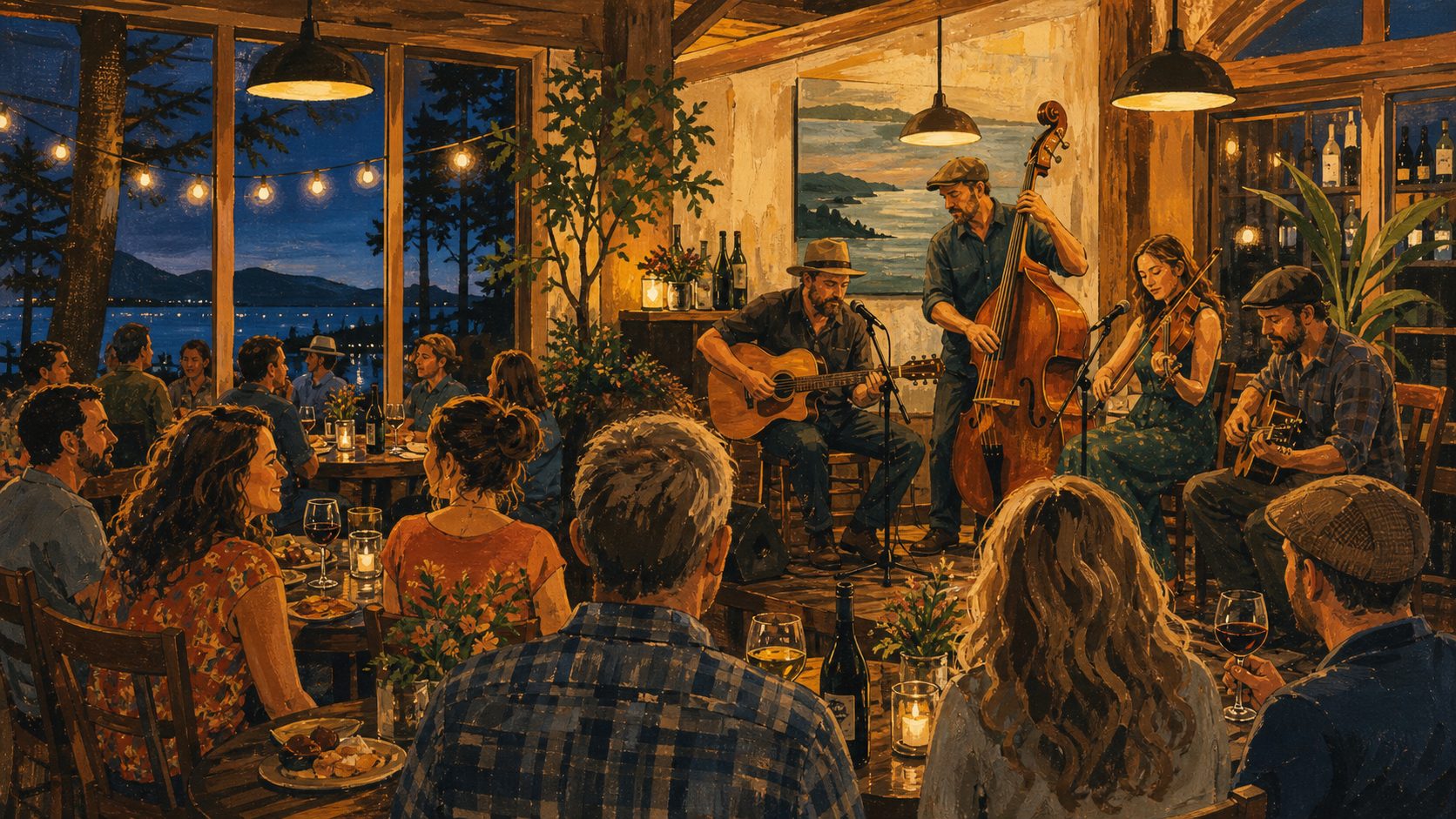 Illustrated South Whidbey small venue live music night with a cozy band, tables, warm lights, and a relaxed audience