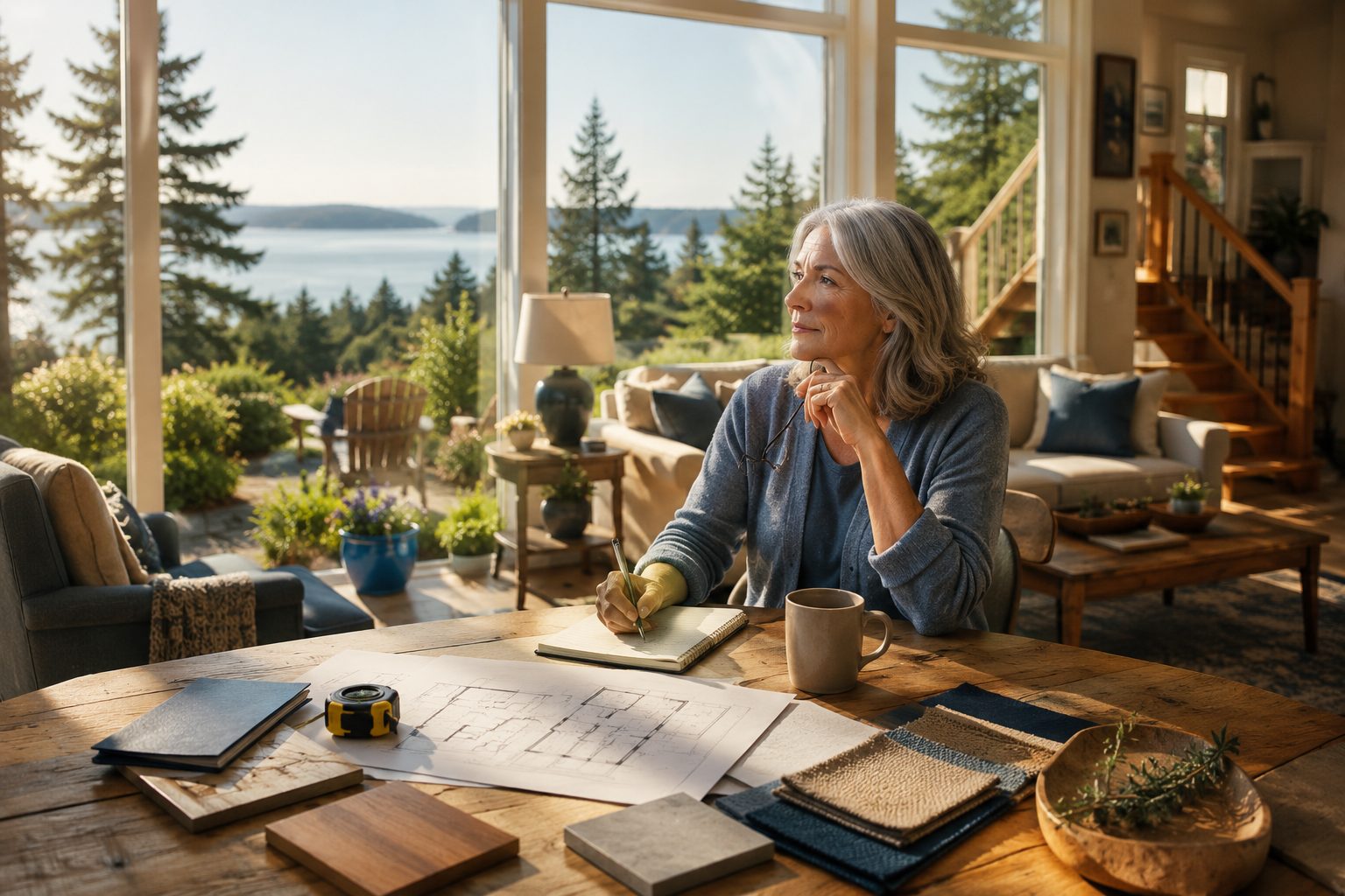 Whidbey Island home interior with natural light, garden views, and a homeowner thoughtfully reviewing next-chapter living needs