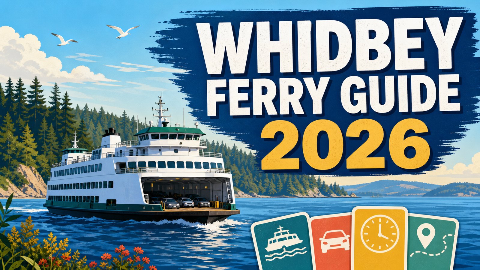Illustrated ferry poster reading Whidbey Ferry Guide 2026 with a ferry, shoreline, water, and summer travel cues.