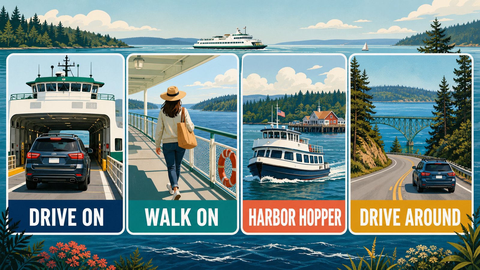 Illustrated decision guide showing four Whidbey ferry travel options: drive on, walk on, Harbor Hopper, and drive around.