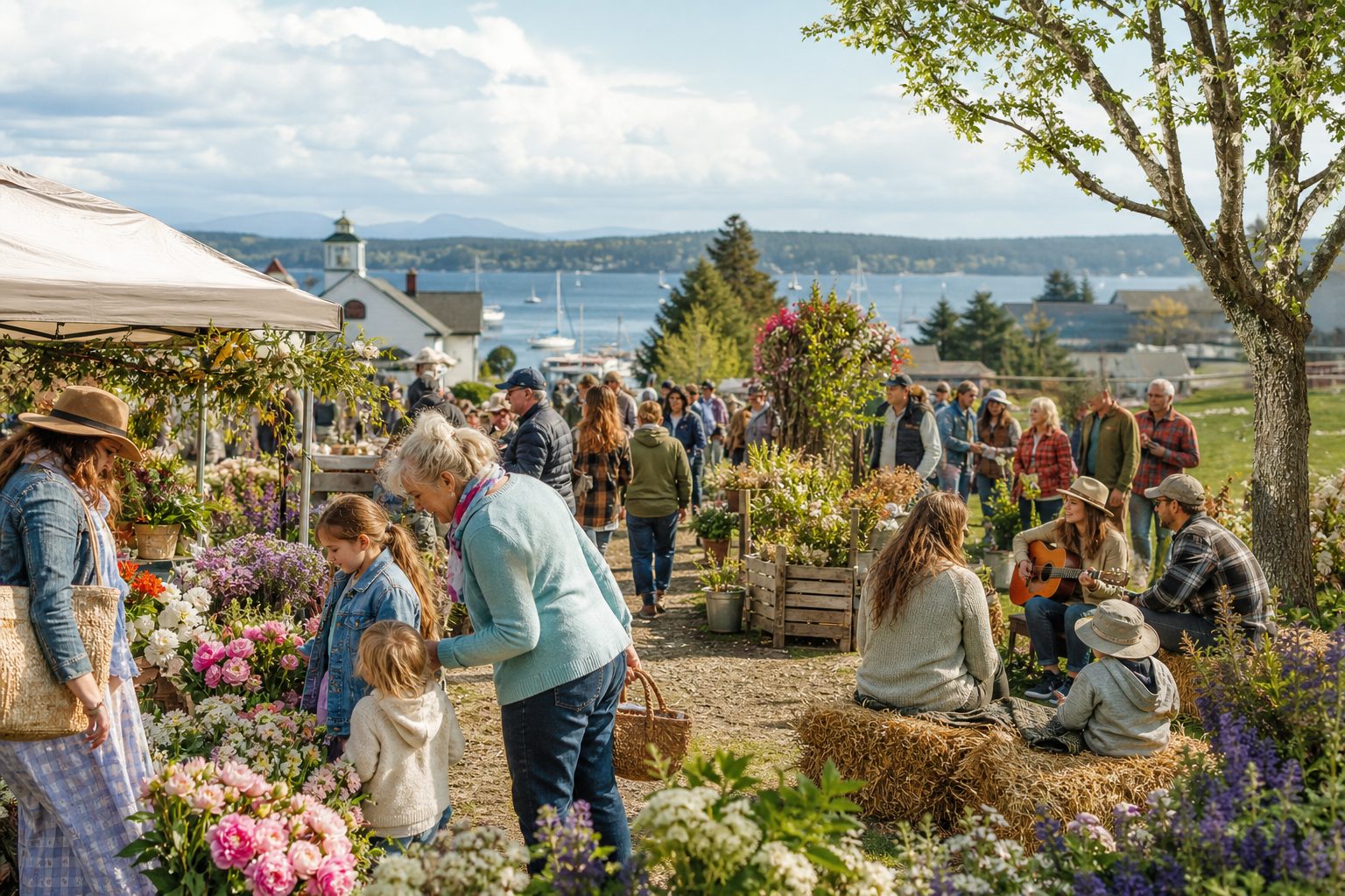 Whidbey Island spring festival scene with families, local art, farmers market booths, and Coupeville waterfront charm
