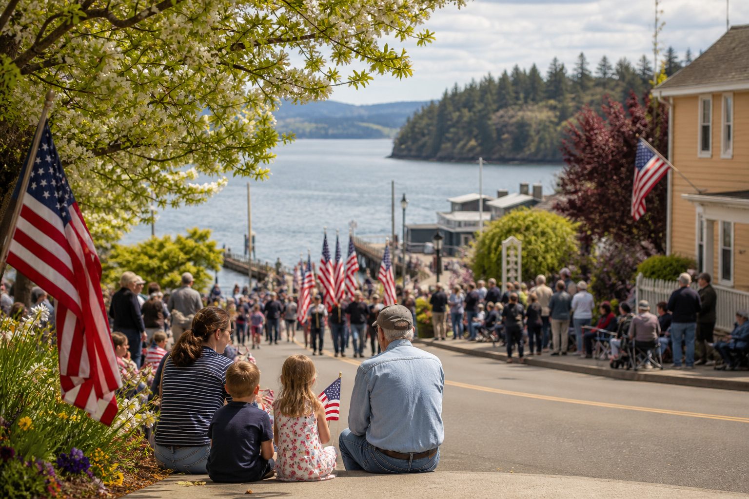 Whidbey Island Memorial Day and late-May community gatherings with flags, waterfront streets, and small-town island atmosphere