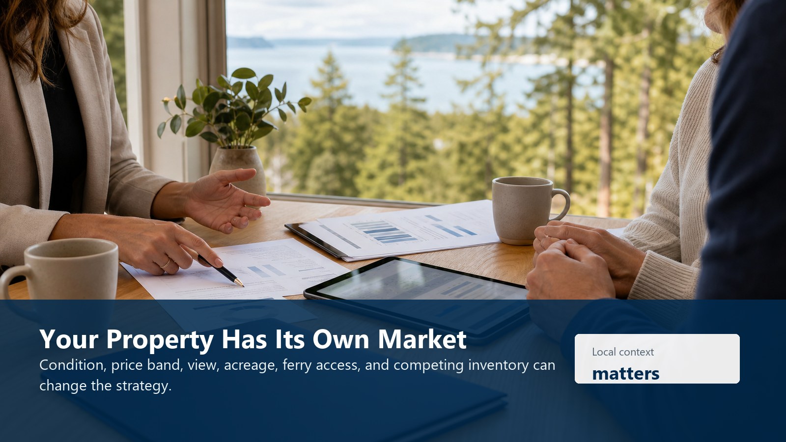 Local real estate consultation on Whidbey Island with market reports and water views, emphasizing that each property has its own micro-market