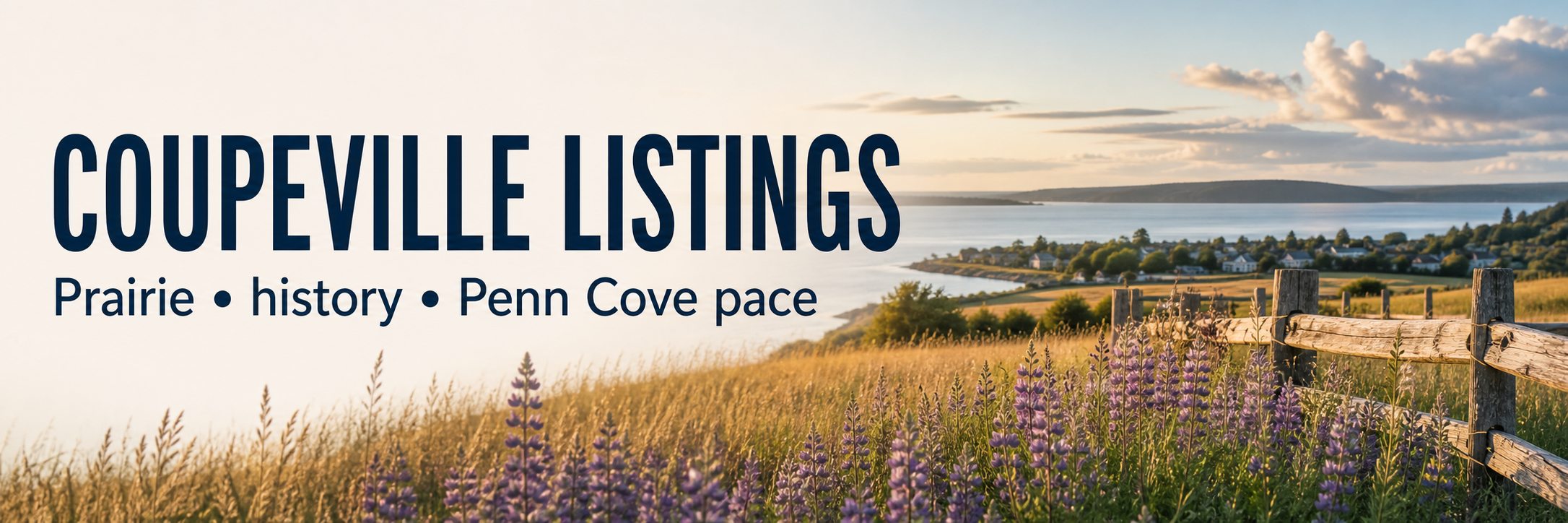 Editorial Coupeville listings banner with Penn Cove, prairie landscape, historic village cues, and calm Central Whidbey light