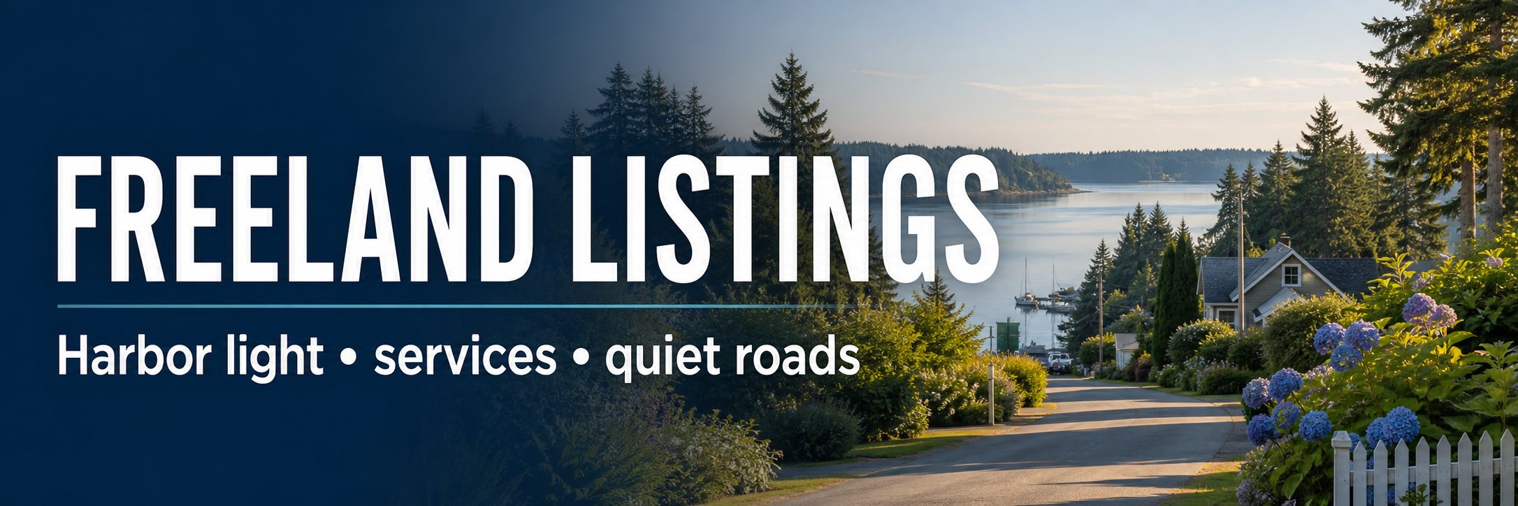Editorial Freeland listings banner with Holmes Harbor light, services, quiet roads, and South Whidbey homes