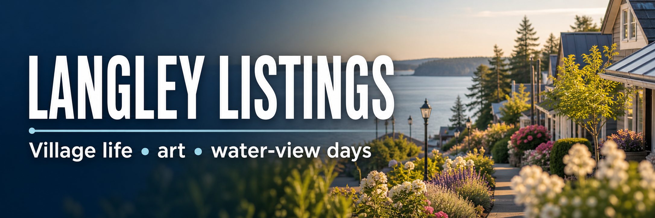 Editorial Langley listings banner with village storefront feeling, garden color, artful South Whidbey streets, and water-view atmosphere