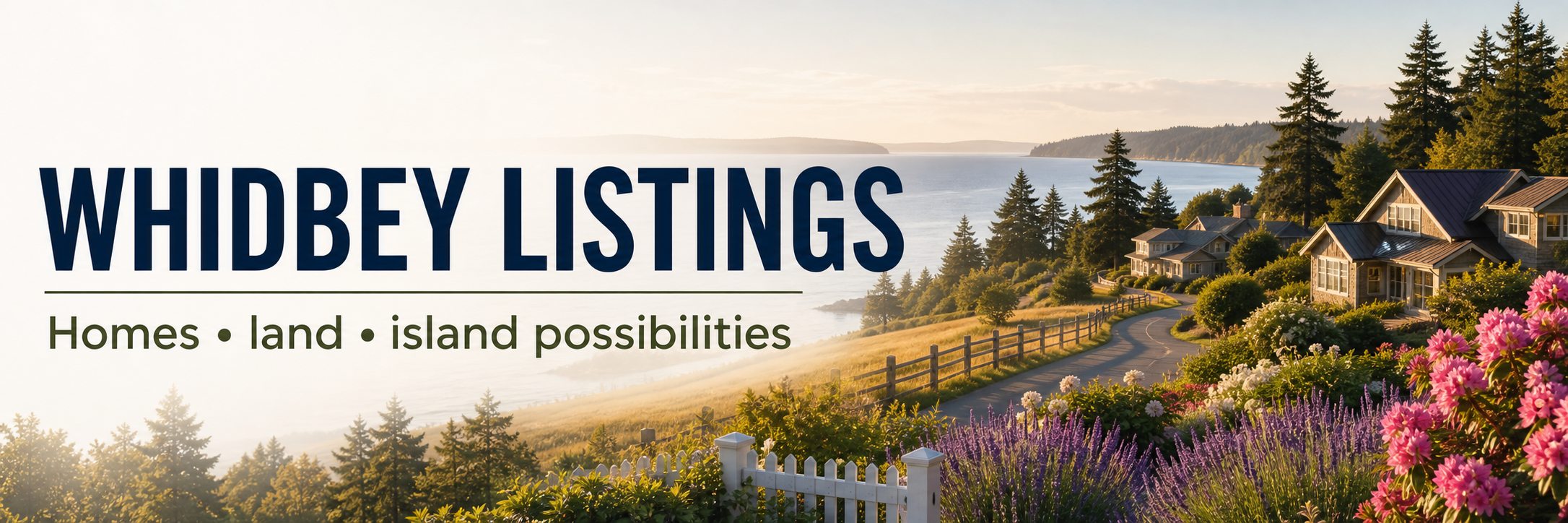 Editorial Whidbey listings banner with shoreline, rural road, garden edge, water light, and welcoming island home silhouettes
