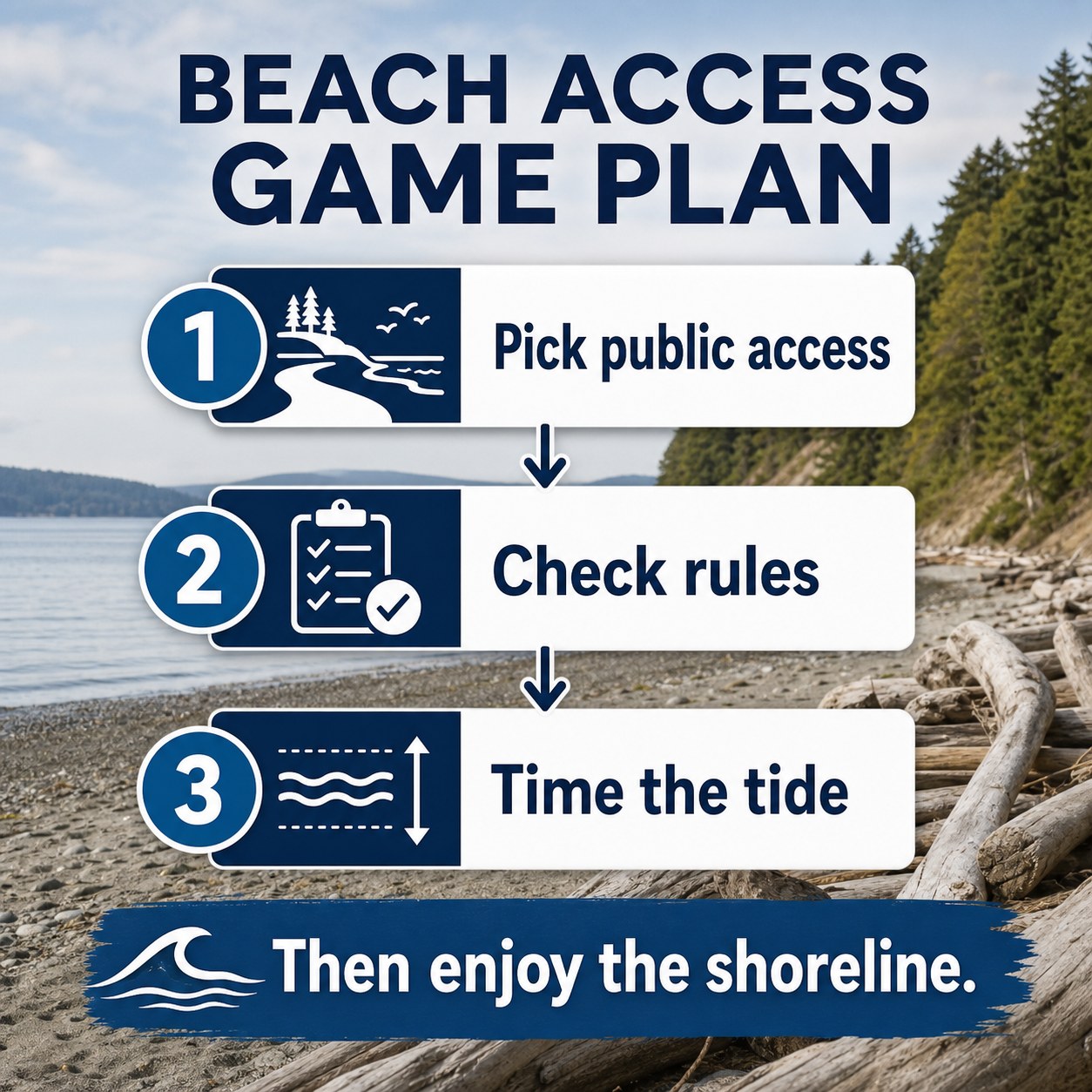 Beach Access Game Plan graphic with steps to pick public access, check rules, and time the tide