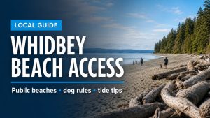Whidbey Beach Access local guide hero with public beaches, dog rules, and tide tips overlay text